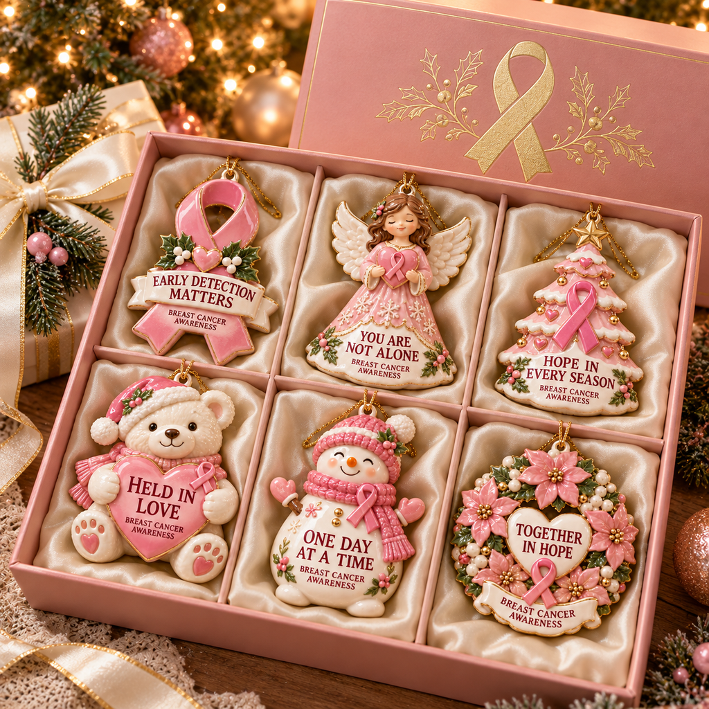 2026 Breast Cancer Awareness Christmas Ornament Set – 6-Piece Pink Ribbon Holiday Keepsake Gift