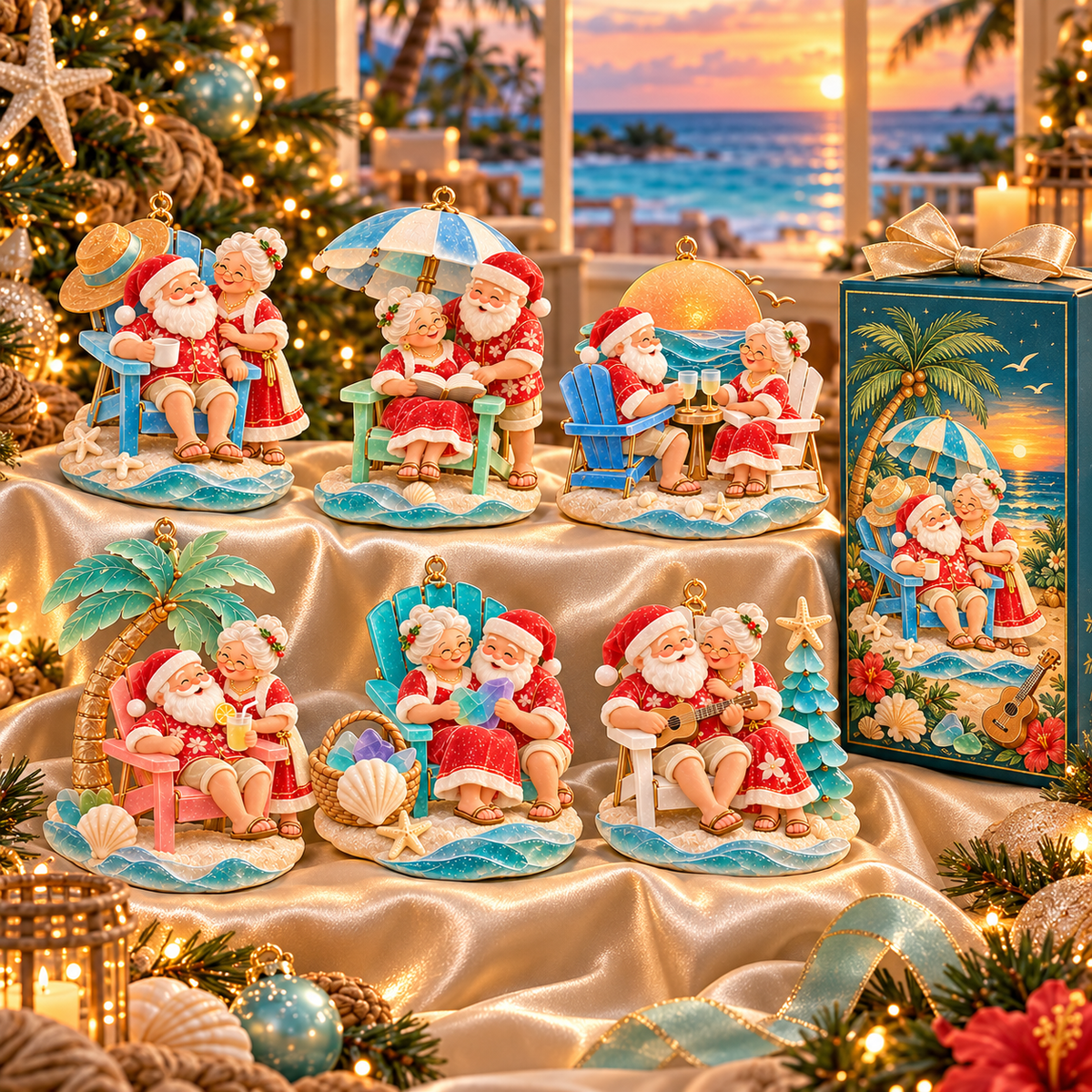 🏖️ 2026 Coastal Christmas Santa & Mrs. Claus Ornaments – Set of 6 Tropical Holiday Keepsakes