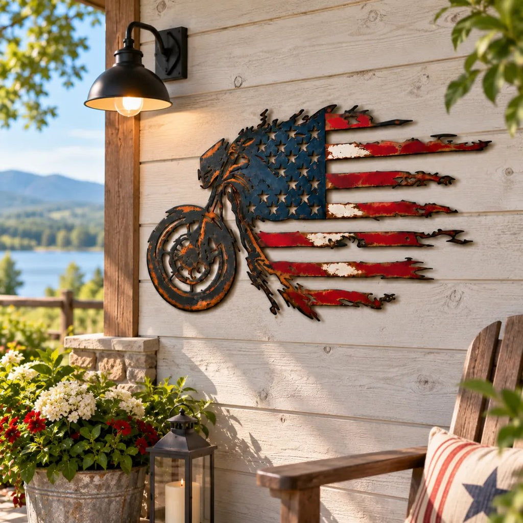 🏍️🇺🇸 American Flag Motorcycle Metal Wall Art – A Bold Tribute to Freedom & the Open Road