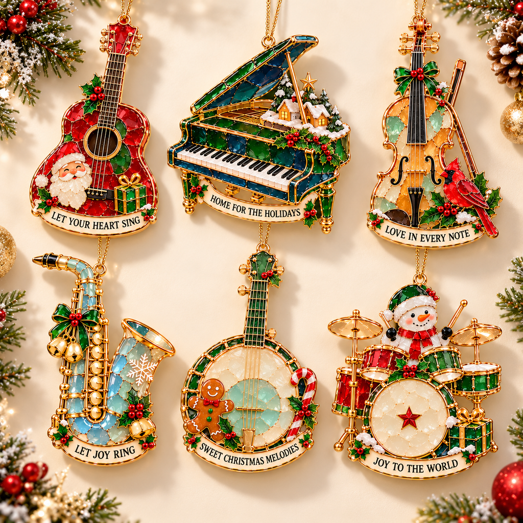 Christmas Melodies – 6-Piece Stained-Glass-Style Musical Instrument Ornament Set | A Christmas Gift for Music Lovers