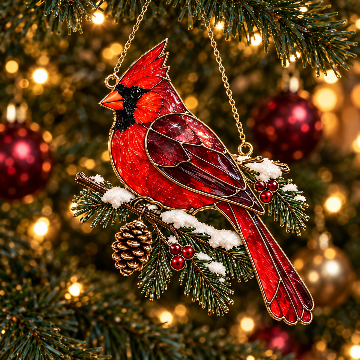 Cardinals of Christmas – Vintage Stained Glass-Style Ornaments, Set of 6