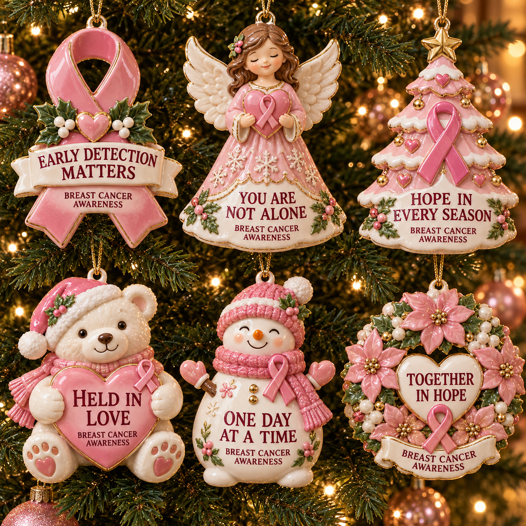 2026 Breast Cancer Awareness Christmas Ornament Set – 6-Piece Pink Ribbon Holiday Keepsake Gift