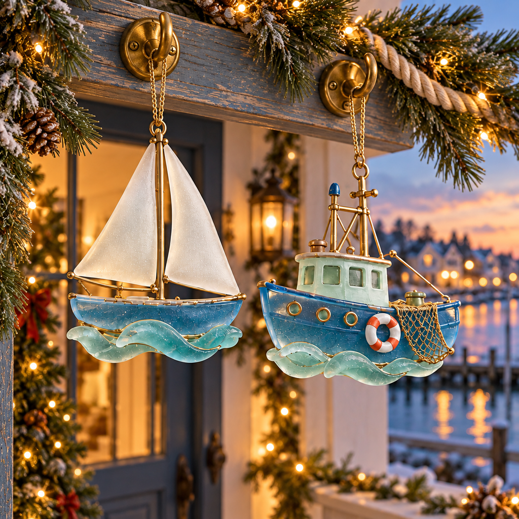 🌊 2026 Coastal Christmas Boat Ornaments – Set of 6 Nautical Holiday Keepsakes