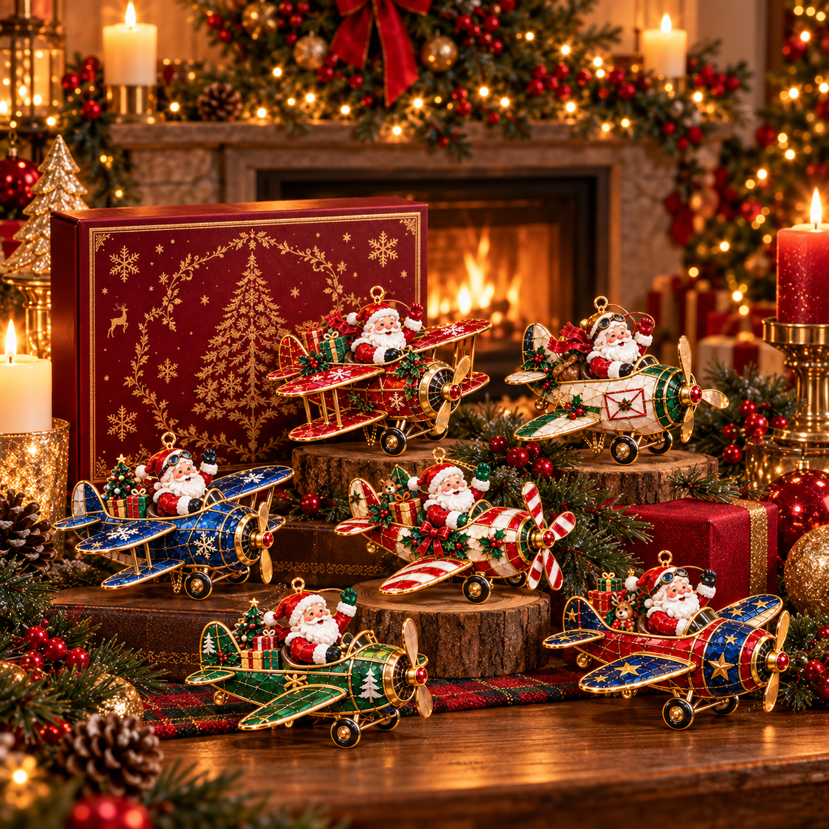 Santa’s Christmas Flight – 6-Piece Vintage Santa Airplane Ornaments Collection | Christmas Tree Decorations & Holiday Gift