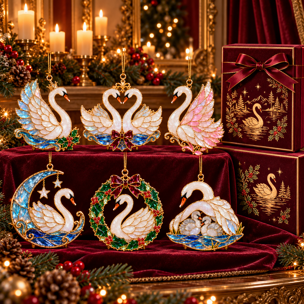 🎄 2026 Christmas Swan Ornaments – Set of 6 Elegant Holiday Keepsakes