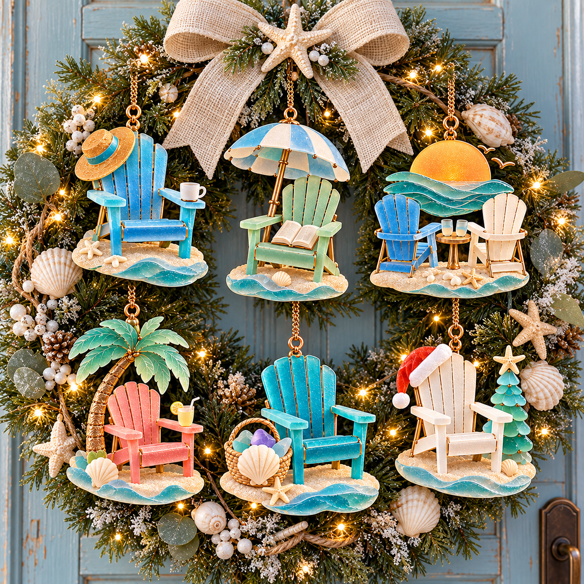 🏖️ 2026 Coastal Christmas Beach Chair Ornaments – Set of 6 Seaside Holiday Keepsakes