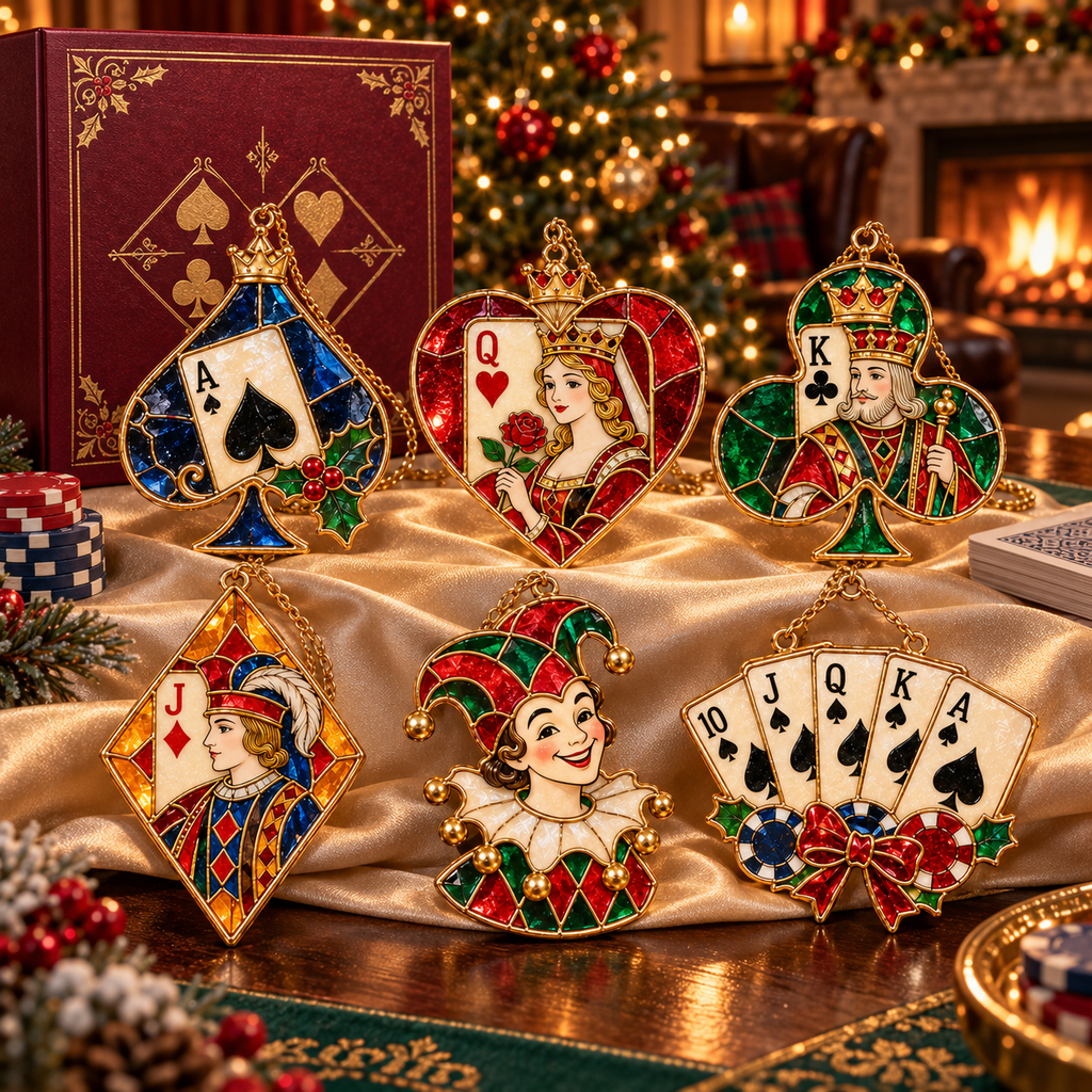 ✨ 2026 Vintage Stained Glass Playing Card Christmas Ornaments – Set of 6 |  Poker Ace, Queen, King, Jack & Joker Hanging Decorations | Casino & Card Game Christmas Tree Ornaments | Unique Gifts for Poker Lovers