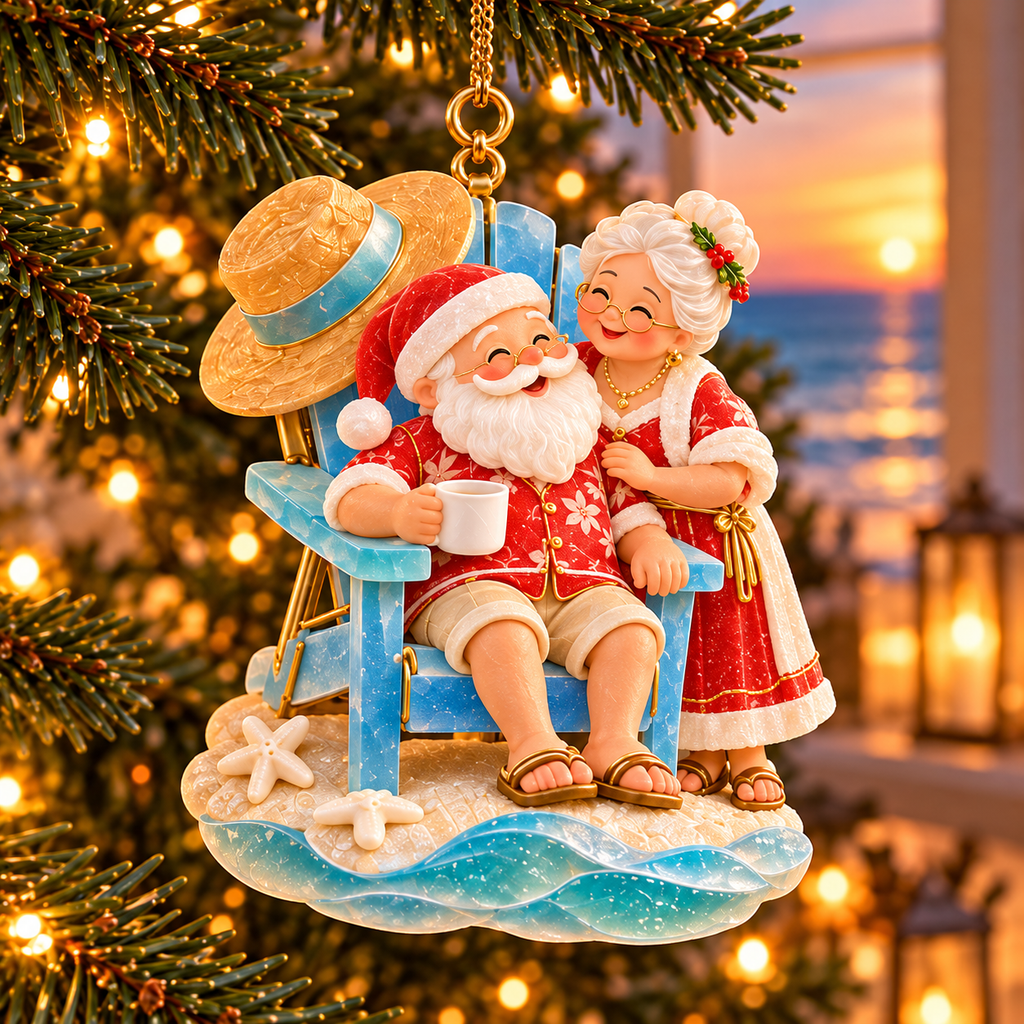 🏖️ 2026 Coastal Christmas Santa & Mrs. Claus Ornaments – Set of 6 Tropical Holiday Keepsakes