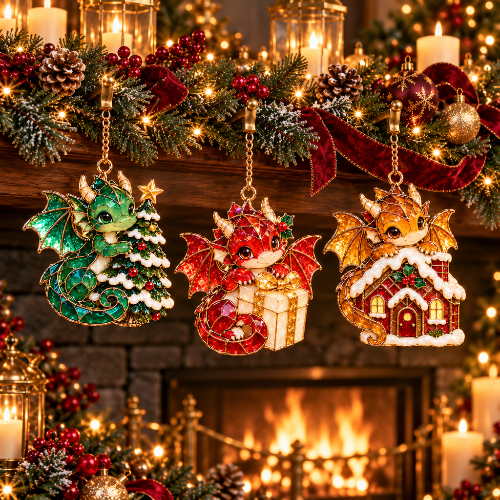 Enchanted Christmas Dragons – 6-Piece Vintage Stained Glass-Style Ornament Set