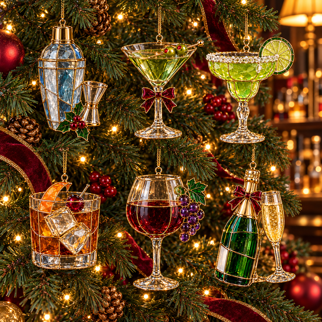✨ 2026 Vintage Stained Glass Cocktail & Wine Christmas Ornaments – Set of 6 |  Martini, Margarita, Whiskey, Red Wine & Champagne Hanging Decorations | Christmas Tree Ornaments & Unique Holiday Gifts for Cocktail Lovers