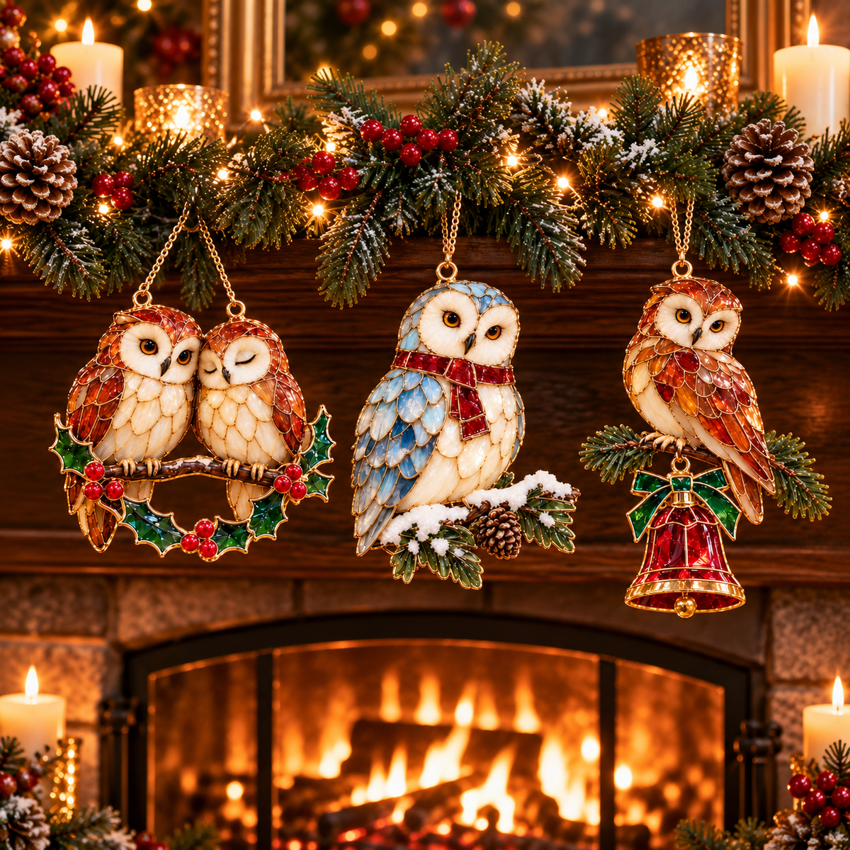 Woodland Christmas Owls – Vintage Stained Glass Style Christmas Ornaments, Set of 6