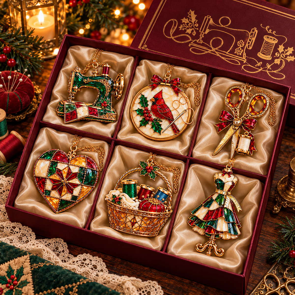 ✨ 2026 Vintage Stained Glass Sewing Christmas Ornaments – Set of 6