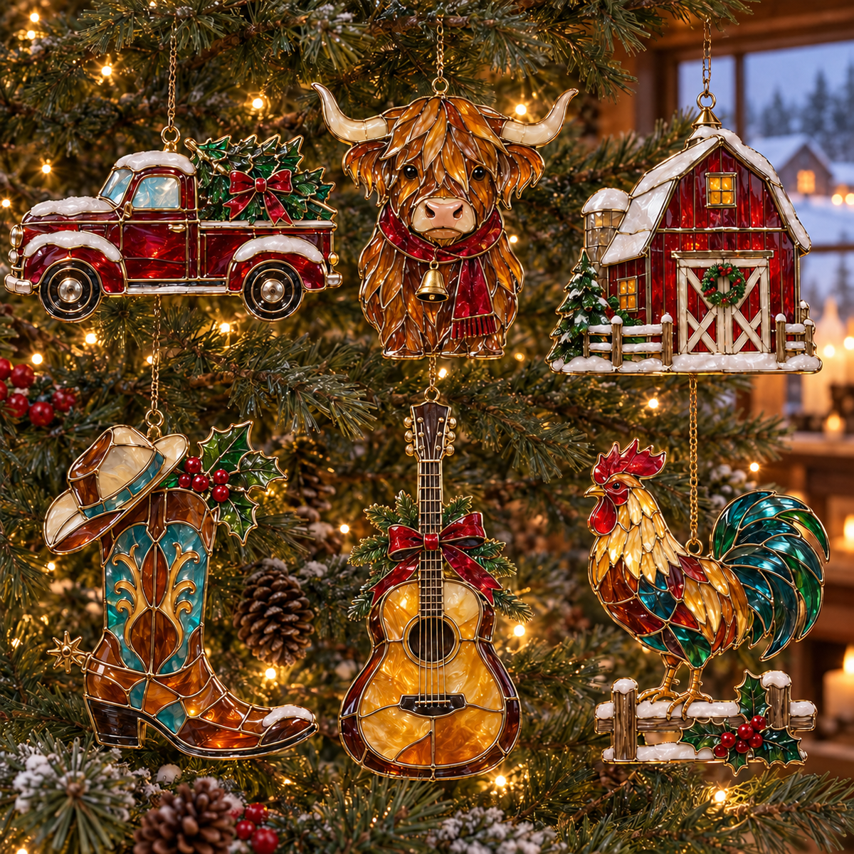 Country Christmas Charm – 6-Piece Vintage Stained Glass–Style Ornament Set