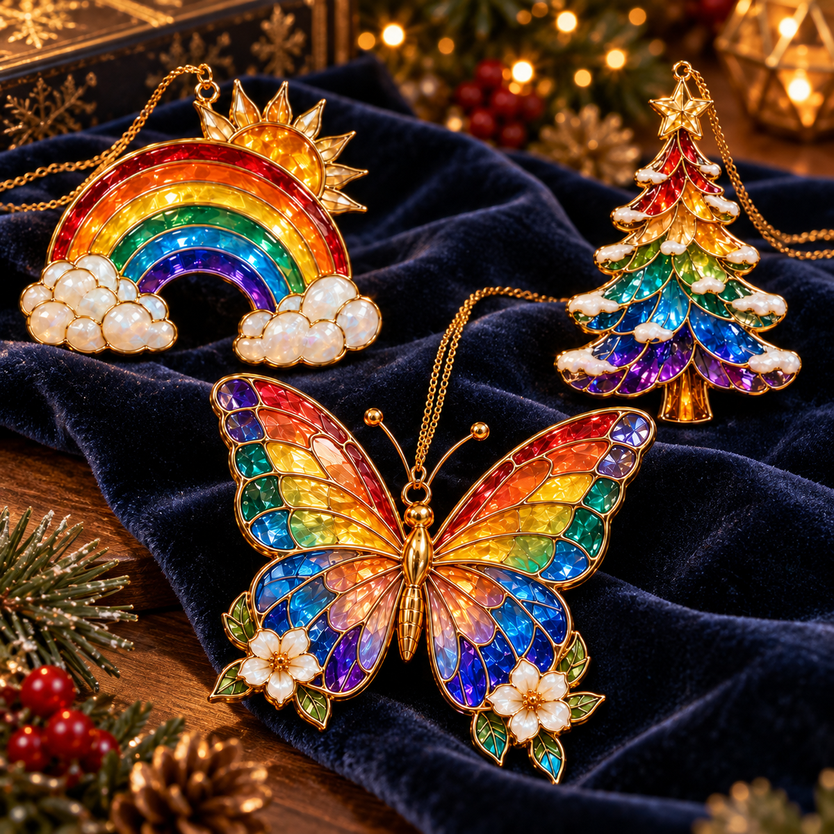 🎄 2026 Magical Rainbow Stained Glass Christmas Ornaments – Set of 6 | Rainbow, Butterfly, Crescent Moon, Hummingbird, Angel Wings Heart & Christmas Tree Hanging Decorations | Colorful Holiday Gifts