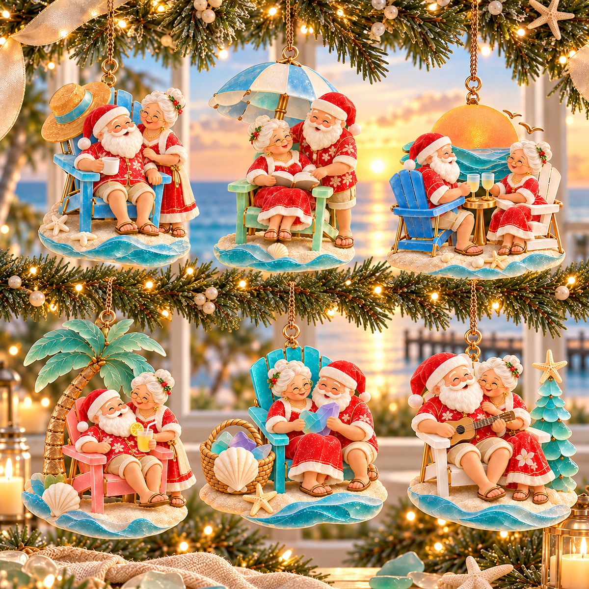 🏖️ 2026 Coastal Christmas Santa & Mrs. Claus Ornaments – Set of 6 Tropical Holiday Keepsakes