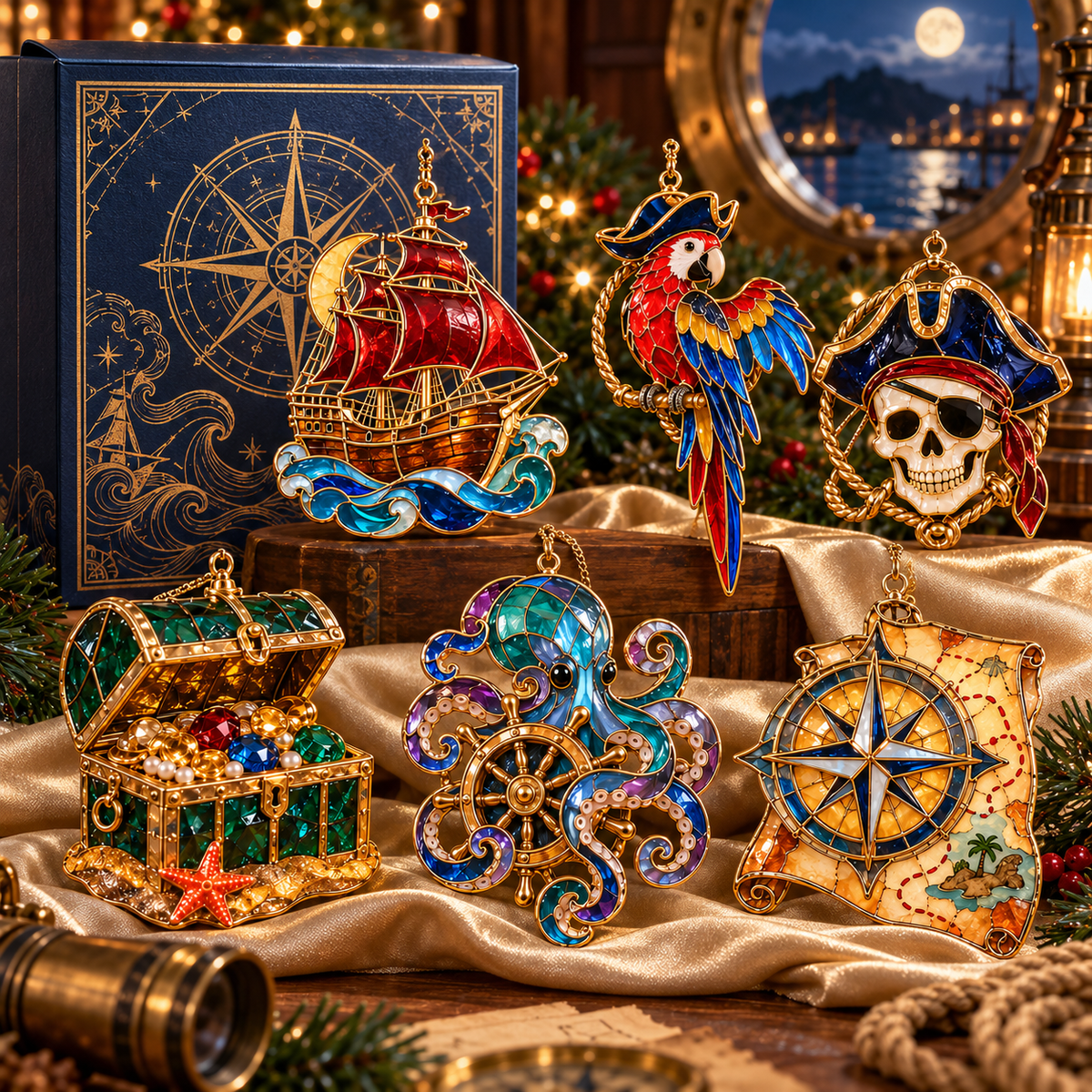 Pirate Adventures – Vintage Stained Glass-Style Christmas Ornaments, Set of 6
