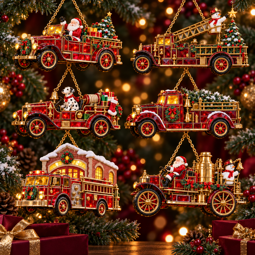 2026 Vintage Fire Truck Christmas Ornaments – Set of 6 | Stained-Glass Style with Festive Holiday Scenes & Golden Accents