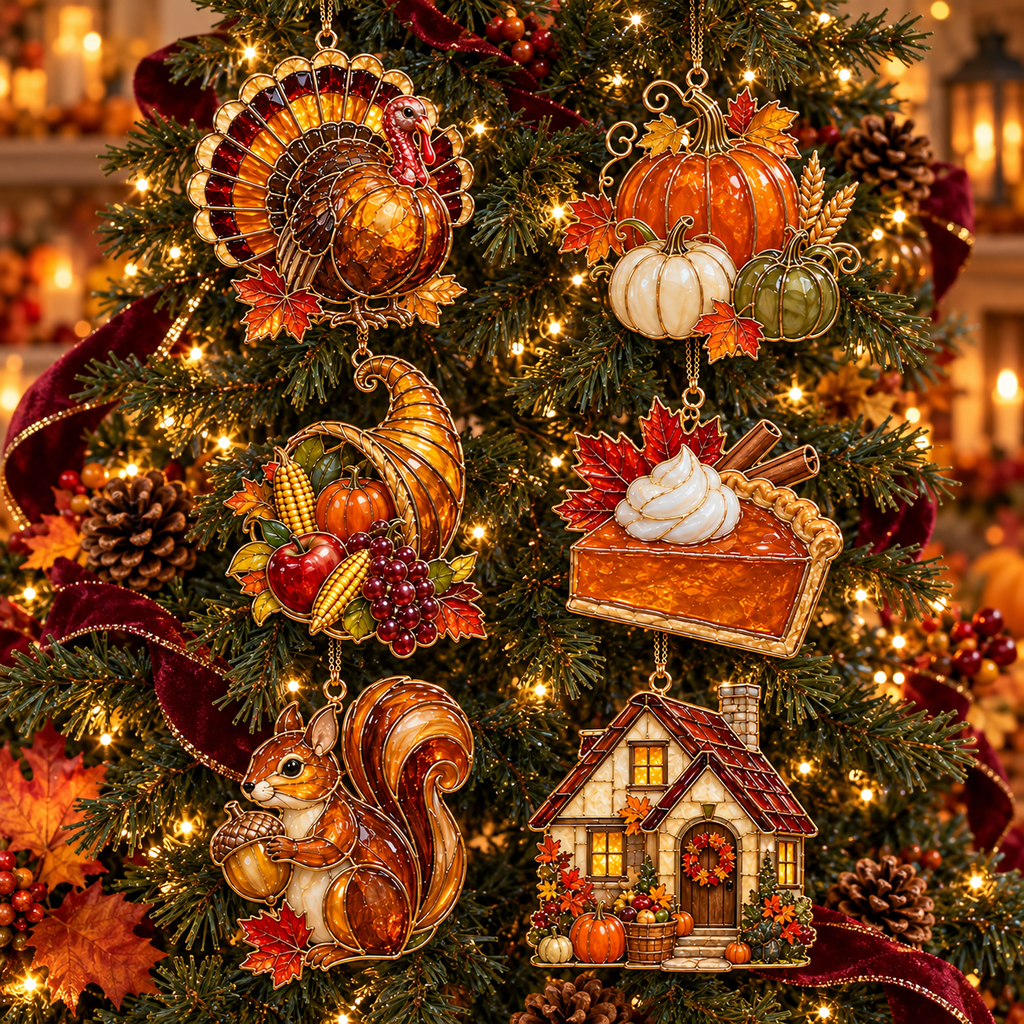 ✨ 2026 Thanksgiving Stained Glass Ornaments – Set of 6