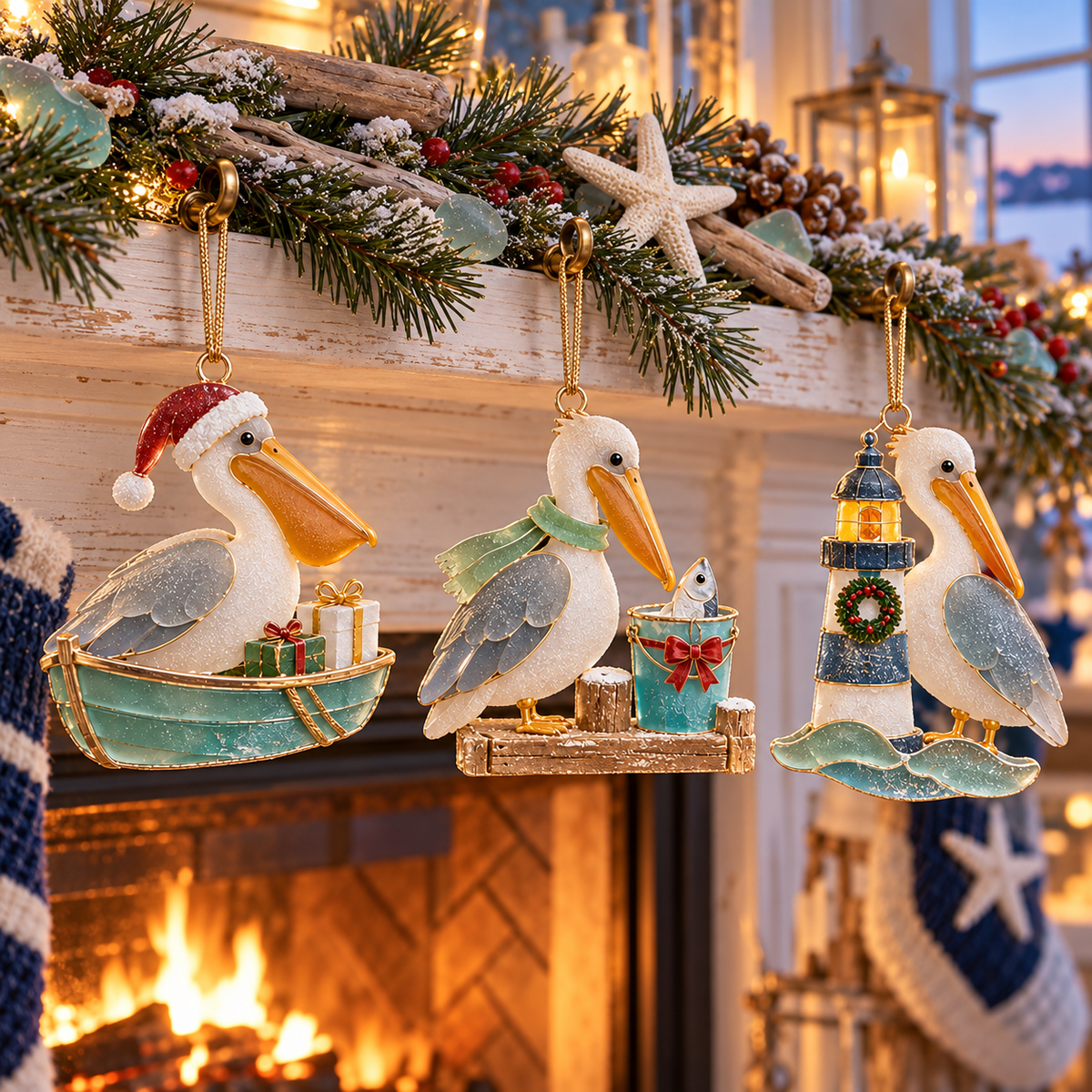 🌊 2026 Coastal Christmas Seabird Ornaments – Set of 6 Festive Seagull & Pelican Keepsakes