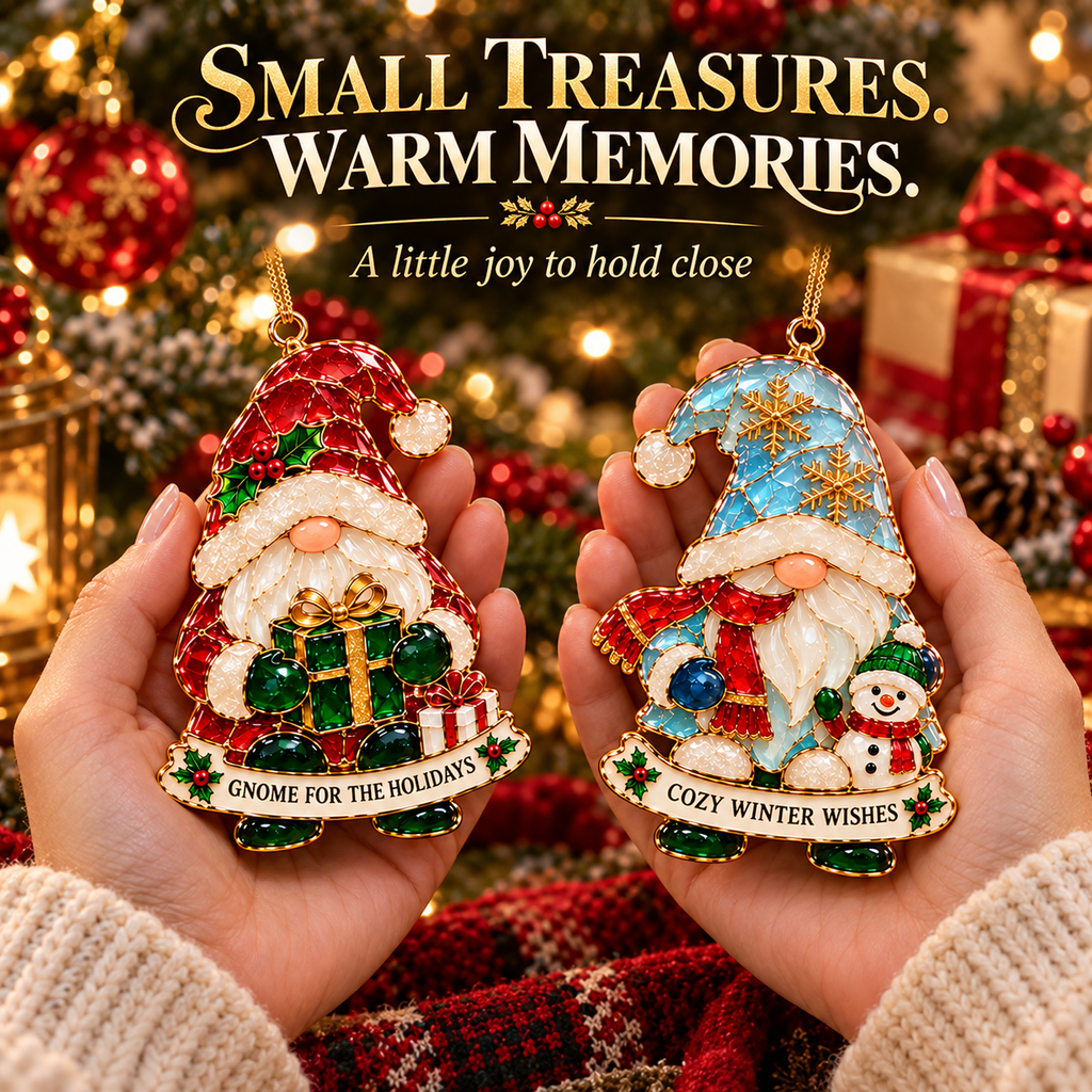 Gnome for the Holidays – 6-Piece Stained Glass–Style Christmas Ornament Set with Heartwarming Wishes