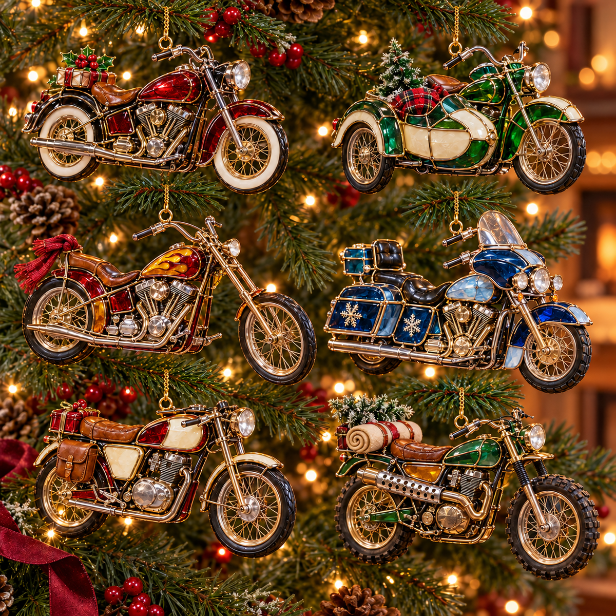 ✨ 2026 Vintage Stained Glass Motorcycle Christmas Ornaments – Set of 6 |  Retro Cruiser, Sidecar, Chopper & Adventure Motorbike Hanging Decorations | Christmas Tree Ornaments & Biker Gifts