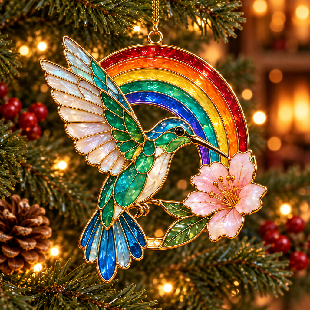 🎄 2026 Magical Rainbow Stained Glass Christmas Ornaments – Set of 6 | Rainbow, Butterfly, Crescent Moon, Hummingbird, Angel Wings Heart & Christmas Tree Hanging Decorations | Colorful Holiday Gifts