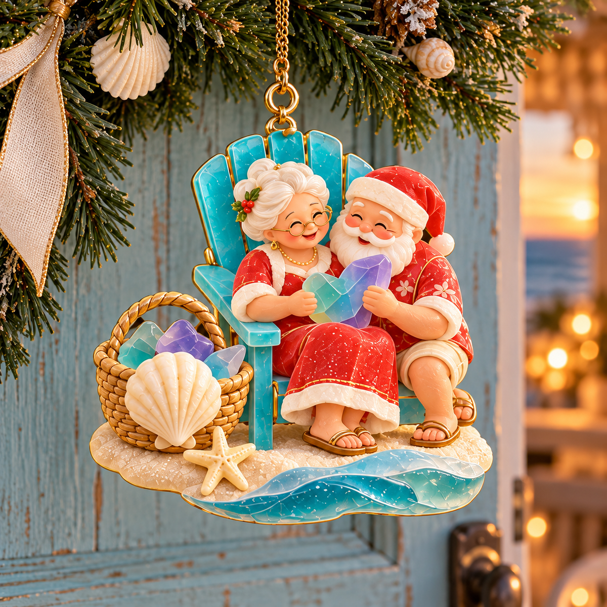 🏖️ 2026 Coastal Christmas Santa & Mrs. Claus Ornaments – Set of 6 Tropical Holiday Keepsakes