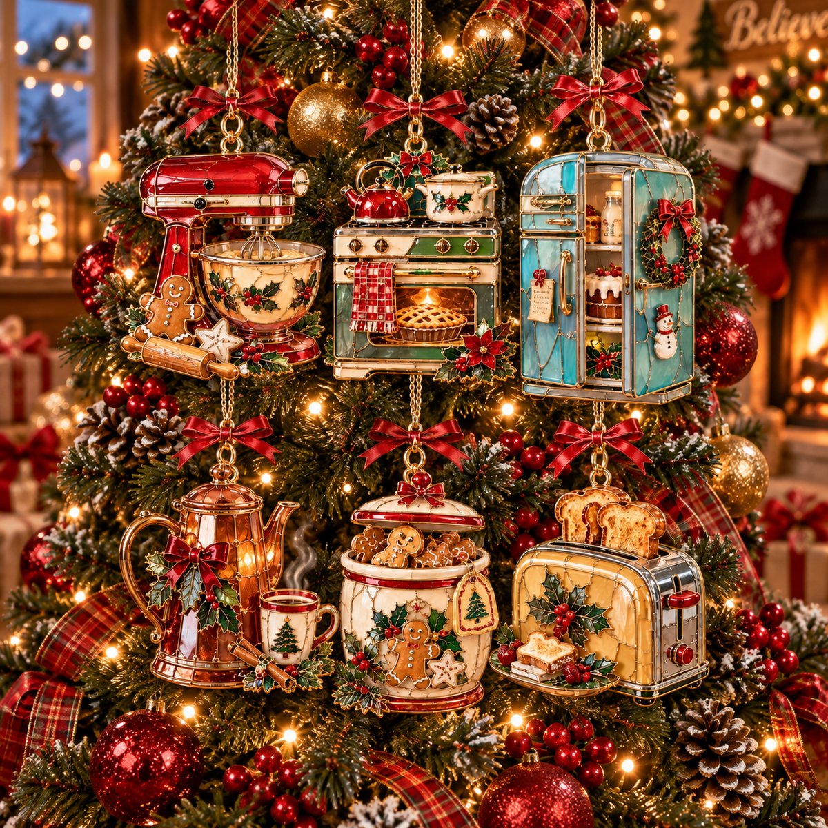 Vintage Christmas Kitchen Ornaments – 6-Piece Retro Baking & Cooking Ornament Set | A Heartwarming Christmas Gift for Bakers, Moms & Grandmas