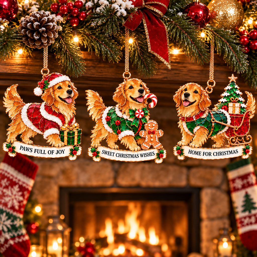 2026 Golden Retriever Christmas Ornaments – Set of 6 | Vintage Stained-Glass Style with Golden Accents & Heartwarming Holiday Wishes