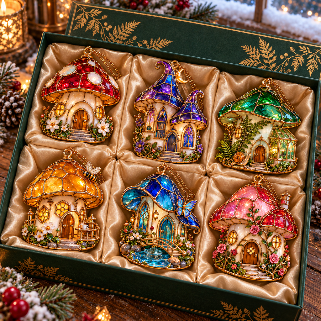 ✨ 2026 Enchanted Stained Glass Mushroom House Christmas Ornaments – Set of 6 | Fairy Cottage, Magical Forest, Moonlight Mushroom & Butterfly House Hanging Decorations | Whimsical Christmas Tree Ornaments & Fairy Garden Gifts