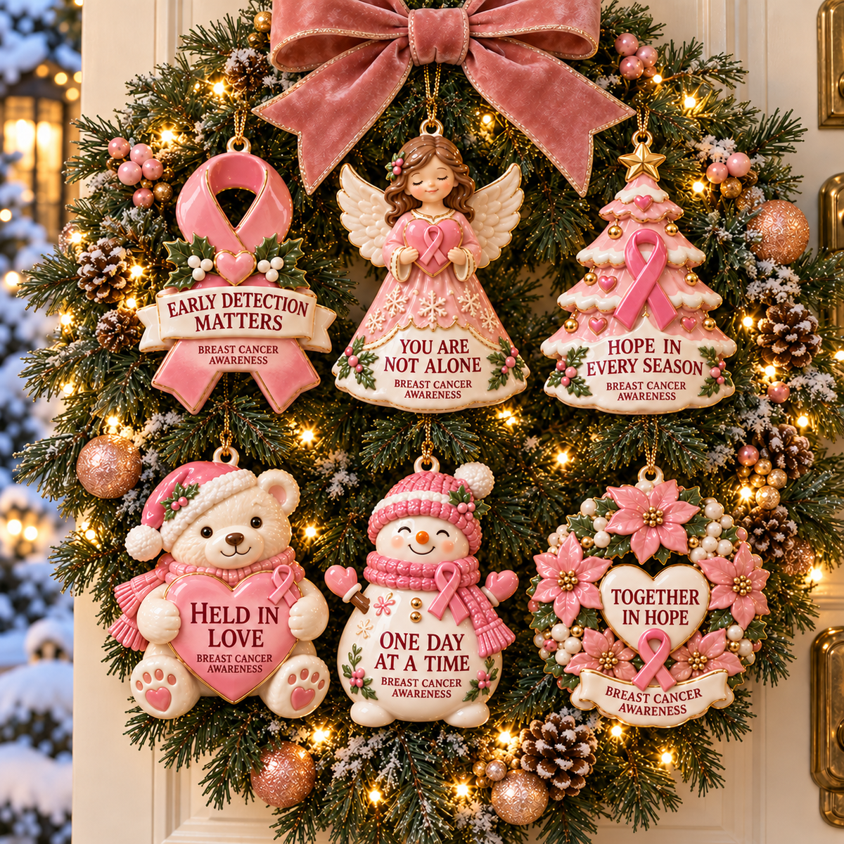 2026 Breast Cancer Awareness Christmas Ornament Set – 6-Piece Pink Ribbon Holiday Keepsake Gift