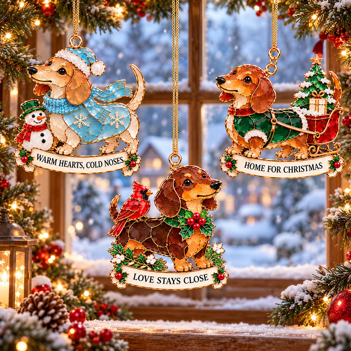 🐾🎄 Dachshund Christmas Ornaments Set of 6 - Stained Glass Style