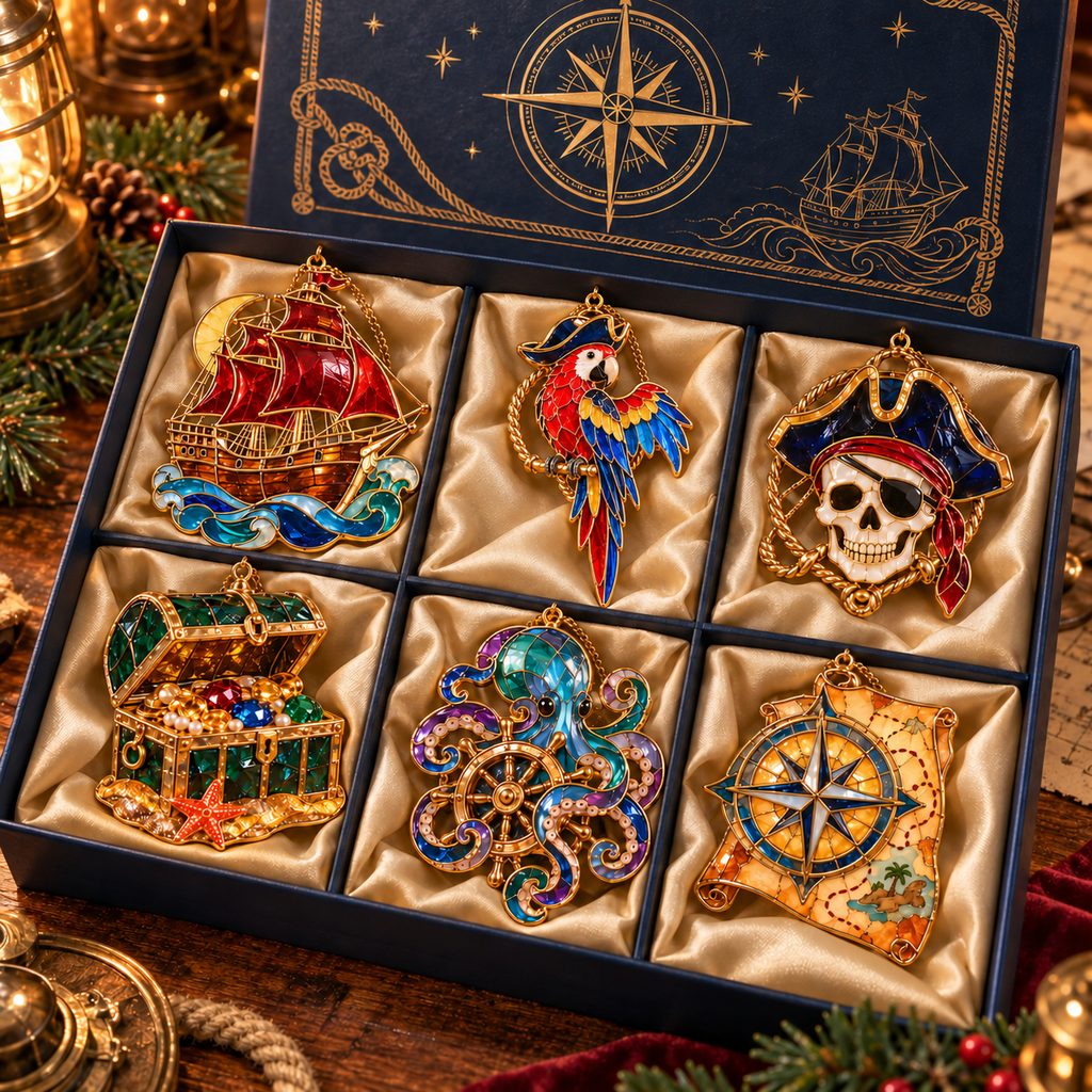 Pirate Adventures – Vintage Stained Glass-Style Christmas Ornaments, Set of 6