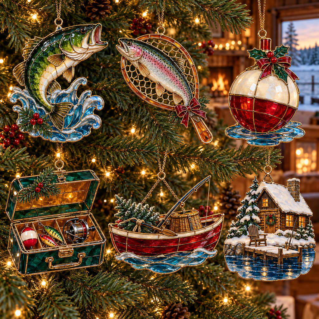 Reel in the Christmas Magic — Vintage Stained Glass–Style Fishing Ornaments, Set of 6