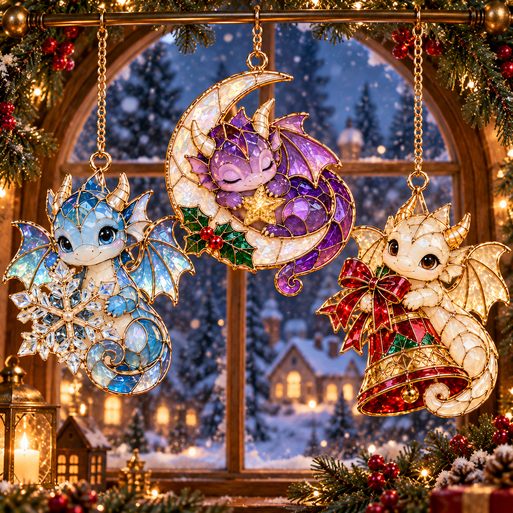 Enchanted Christmas Dragons – 6-Piece Vintage Stained Glass-Style Ornament Set