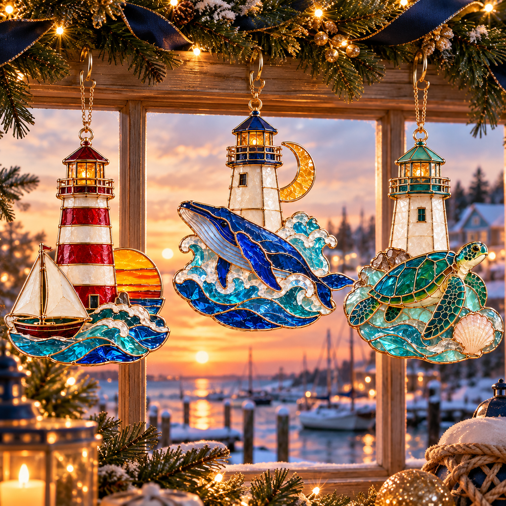 Coastal Lighthouse Christmas Ornaments – Vintage Stained Glass Style, Set of 6