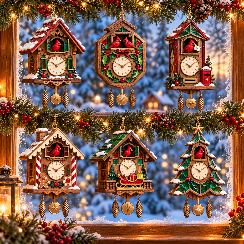🕰️ 2026 Christmas Cuckoo Clock Ornaments – Set of 6 Vintage Holiday Keepsakes