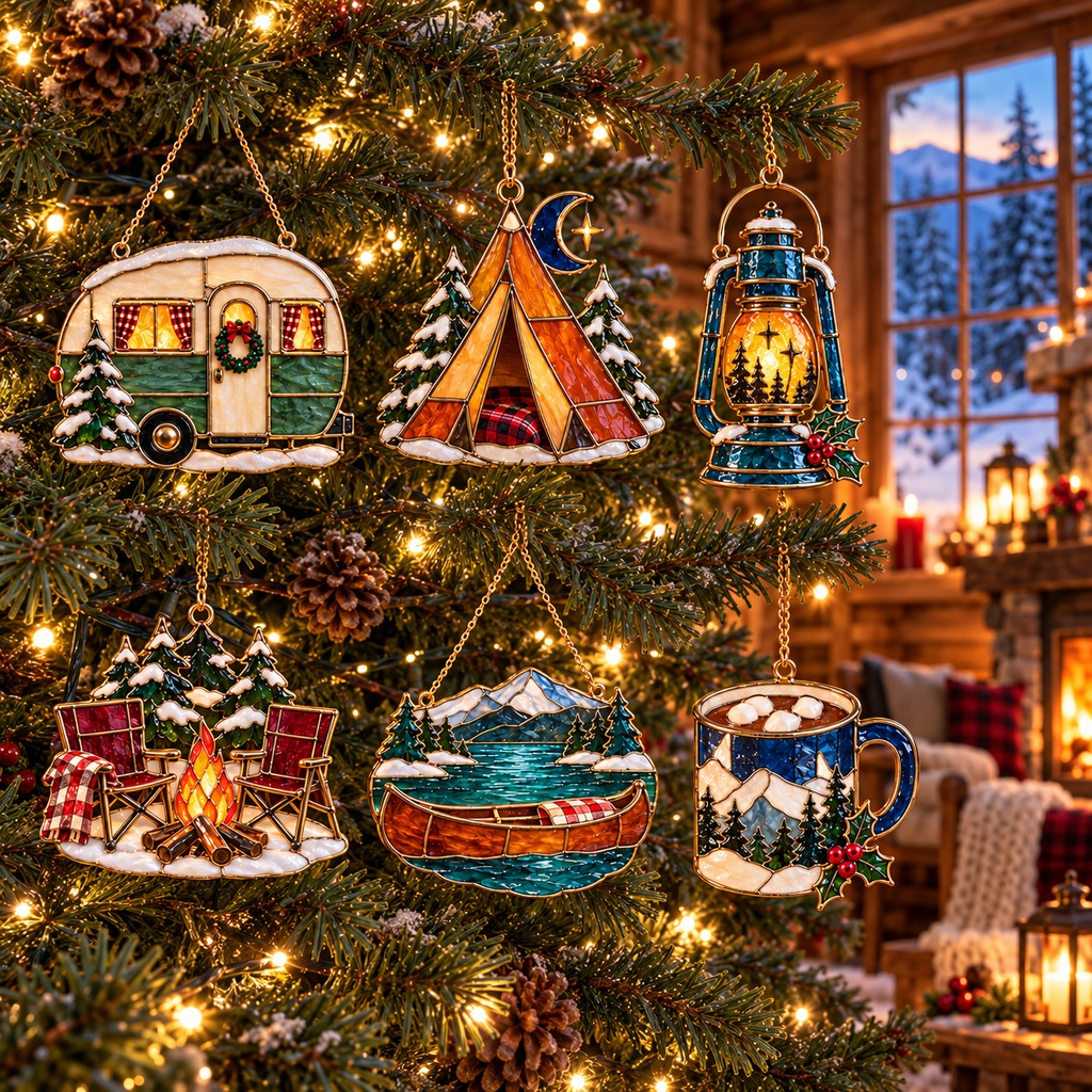 Cozy Christmas Camping — Vintage Stained Glass Style Ornaments, Set of 6