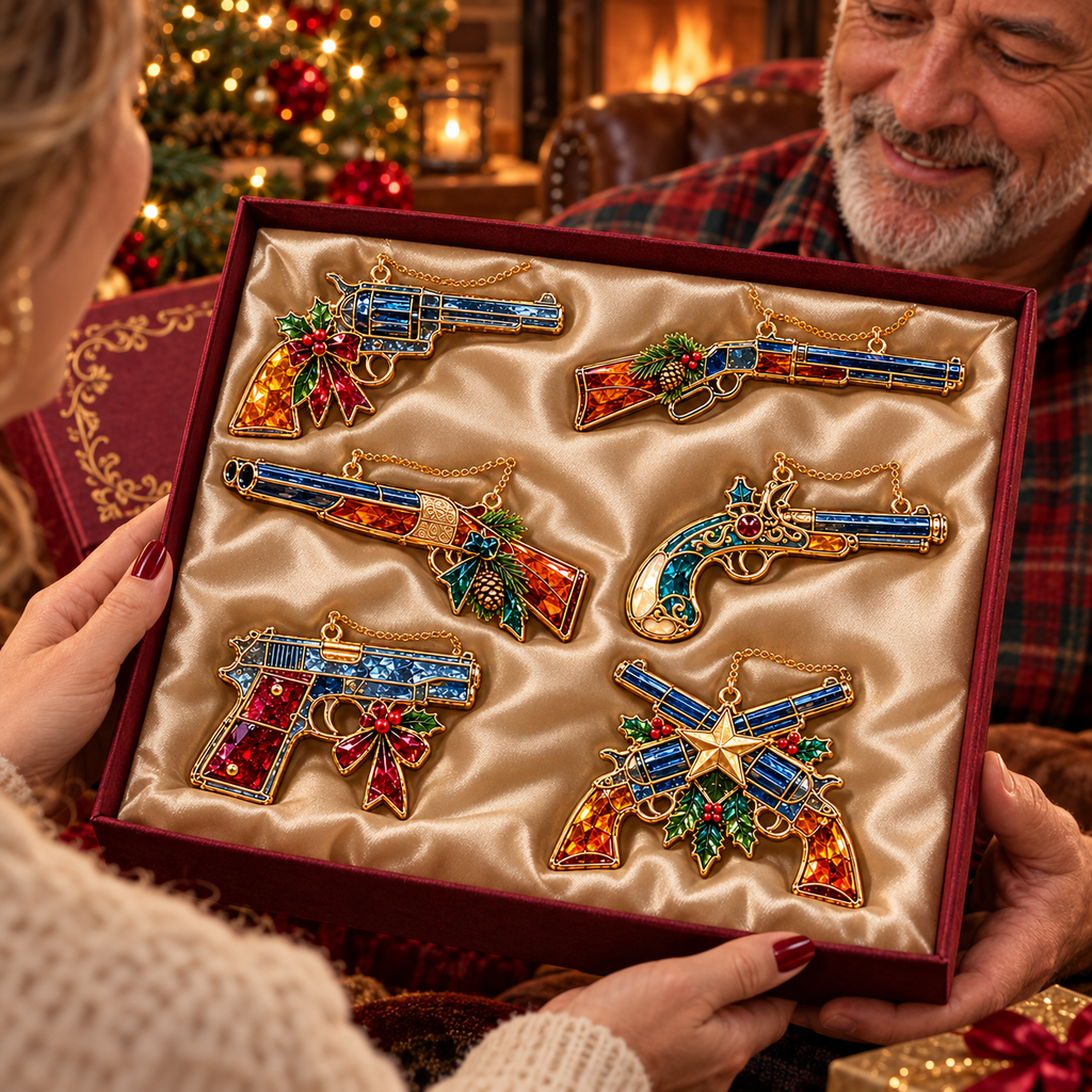 ✨ 2026 Vintage Stained Glass Firearms Christmas Ornaments – Set of 6 | Western Revolver, Cowboy Rifle, Shotgun & Pistol Hanging Decorations | Christmas Tree Ornaments & Unique Holiday Gifts for Gun Enthusiasts