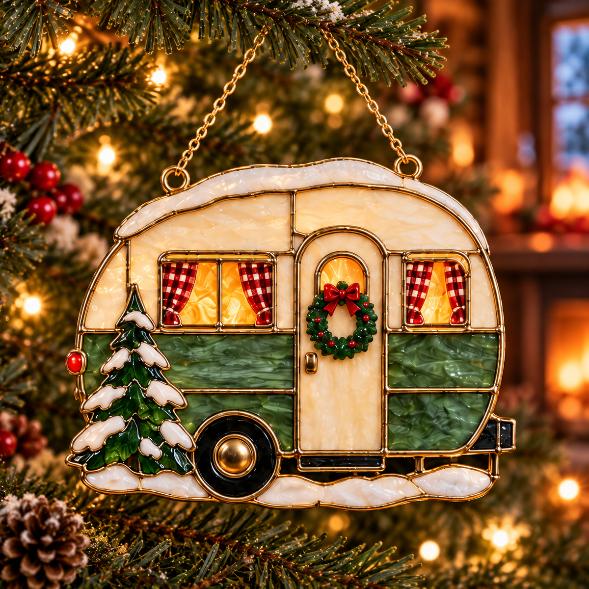Cozy Christmas Camping — Vintage Stained Glass Style Ornaments, Set of 6