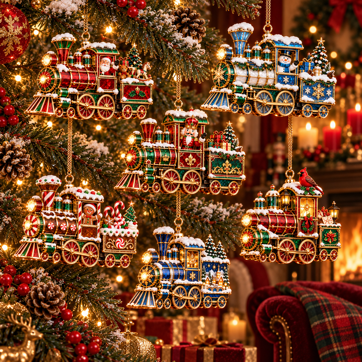 Christmas Magic Express – 6-Piece Vintage Christmas Train Ornament Collection | Santa, Snowman, Nutcracker & More