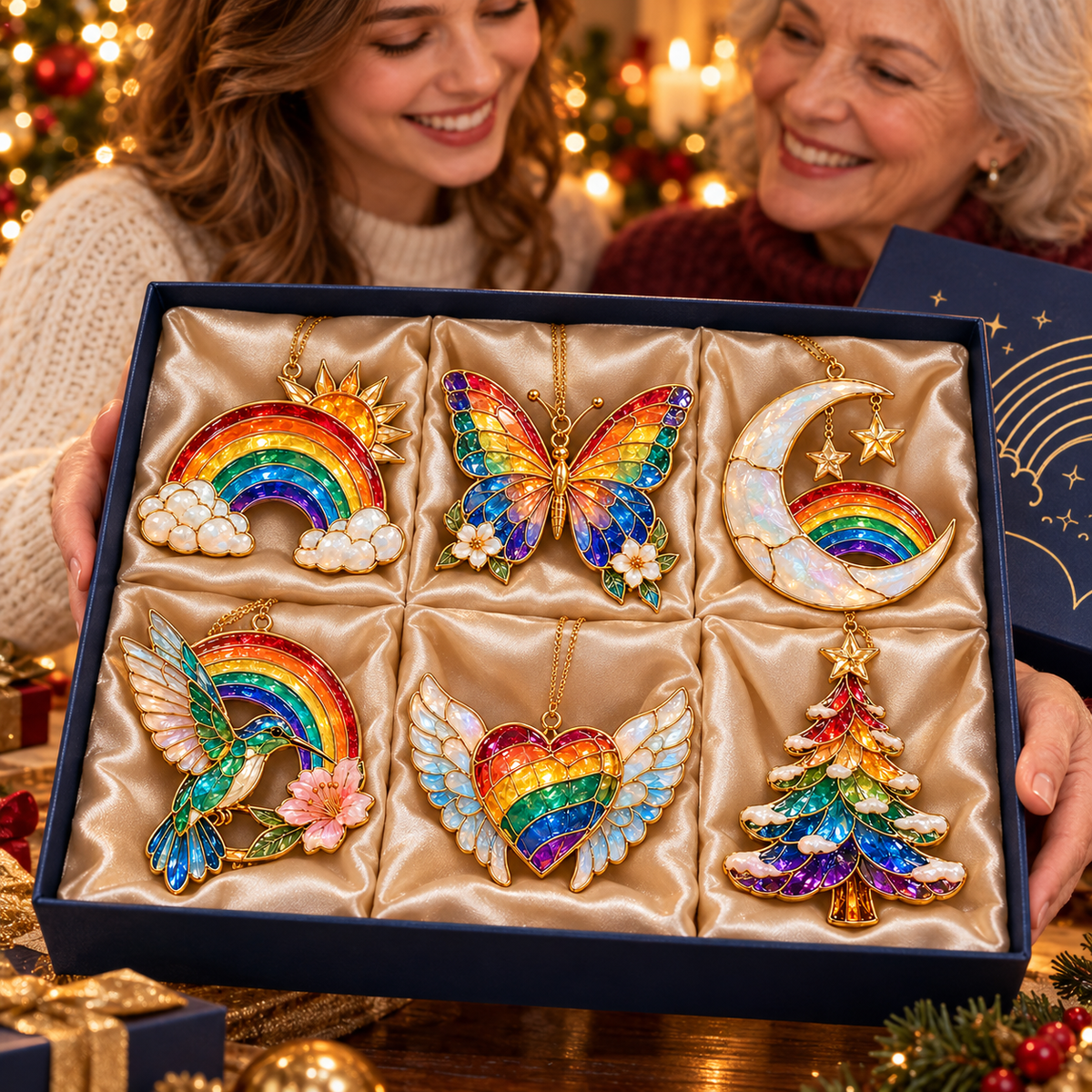 🎄 2026 Magical Rainbow Stained Glass Christmas Ornaments – Set of 6 | Rainbow, Butterfly, Crescent Moon, Hummingbird, Angel Wings Heart & Christmas Tree Hanging Decorations | Colorful Holiday Gifts