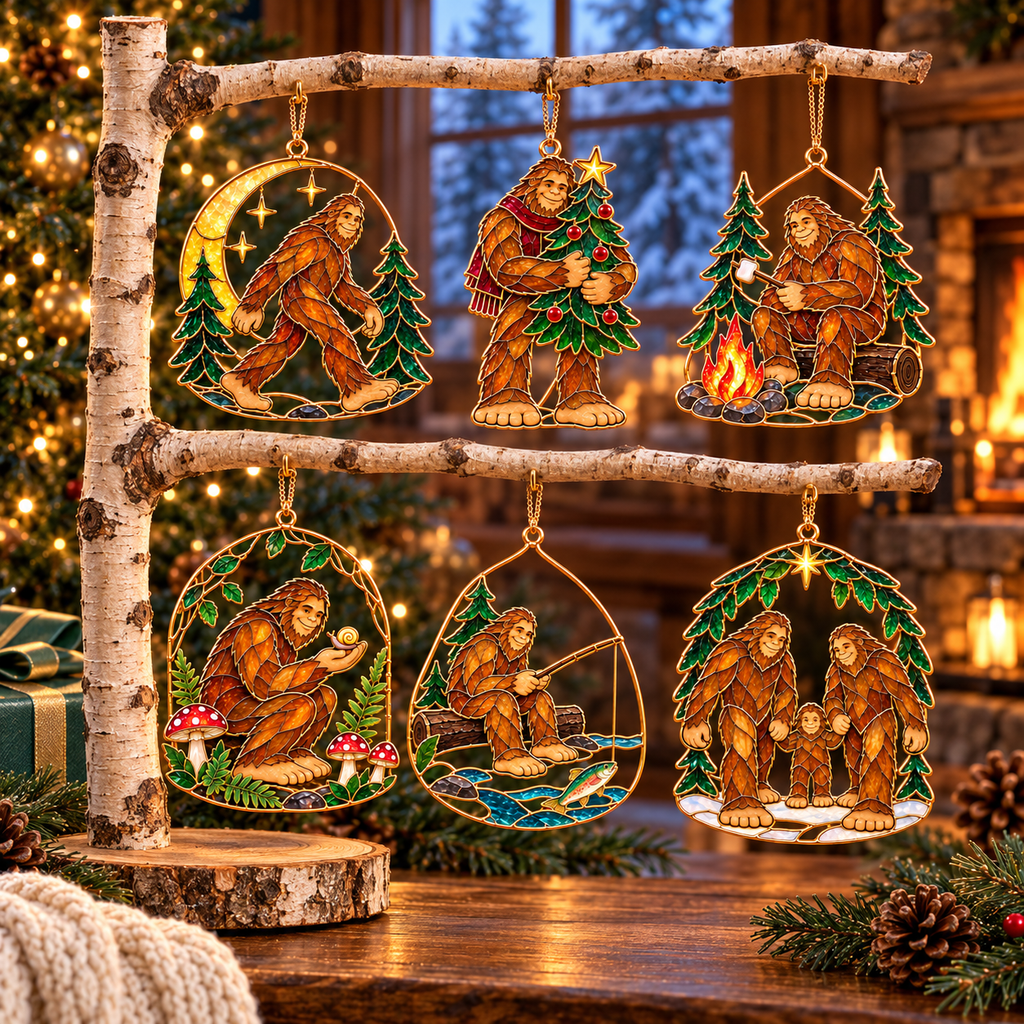 Woodland Wonders – Vintage Stained Glass Style Bigfoot Christmas Ornaments, Set of 6