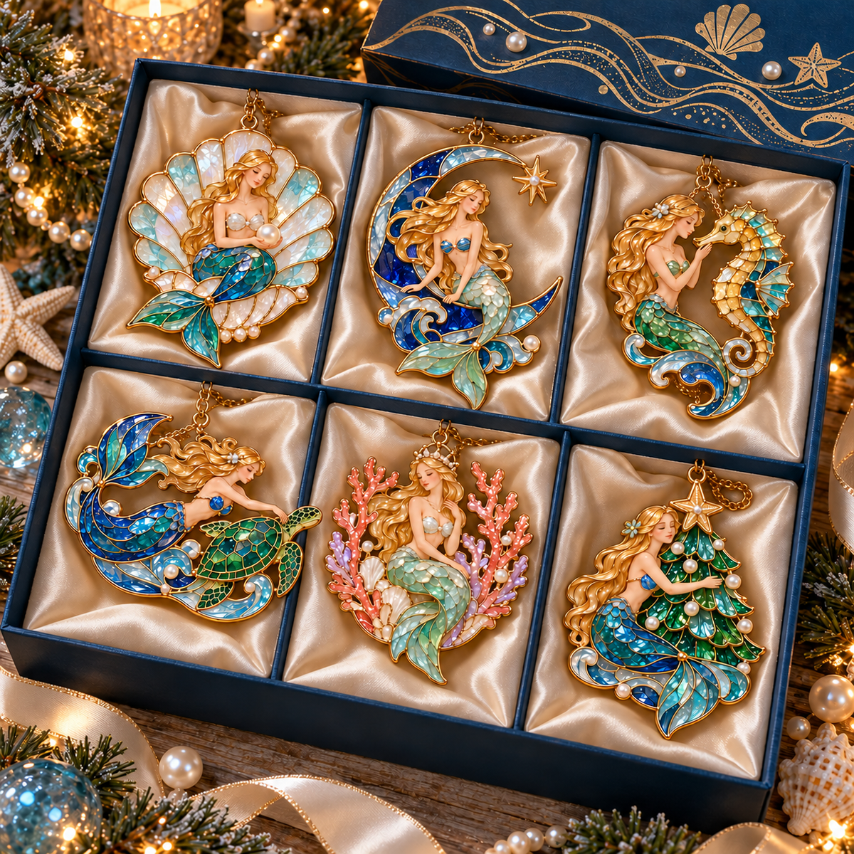 Ocean Enchantment – Vintage Stained-Glass Style Mermaid Christmas Ornaments, Set of 6