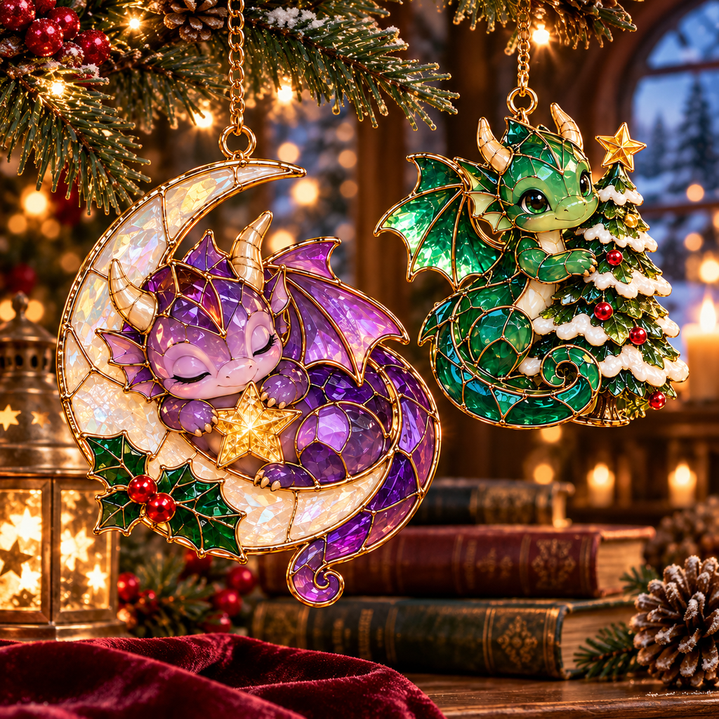 Enchanted Christmas Dragons – 6-Piece Vintage Stained Glass-Style Ornament Set