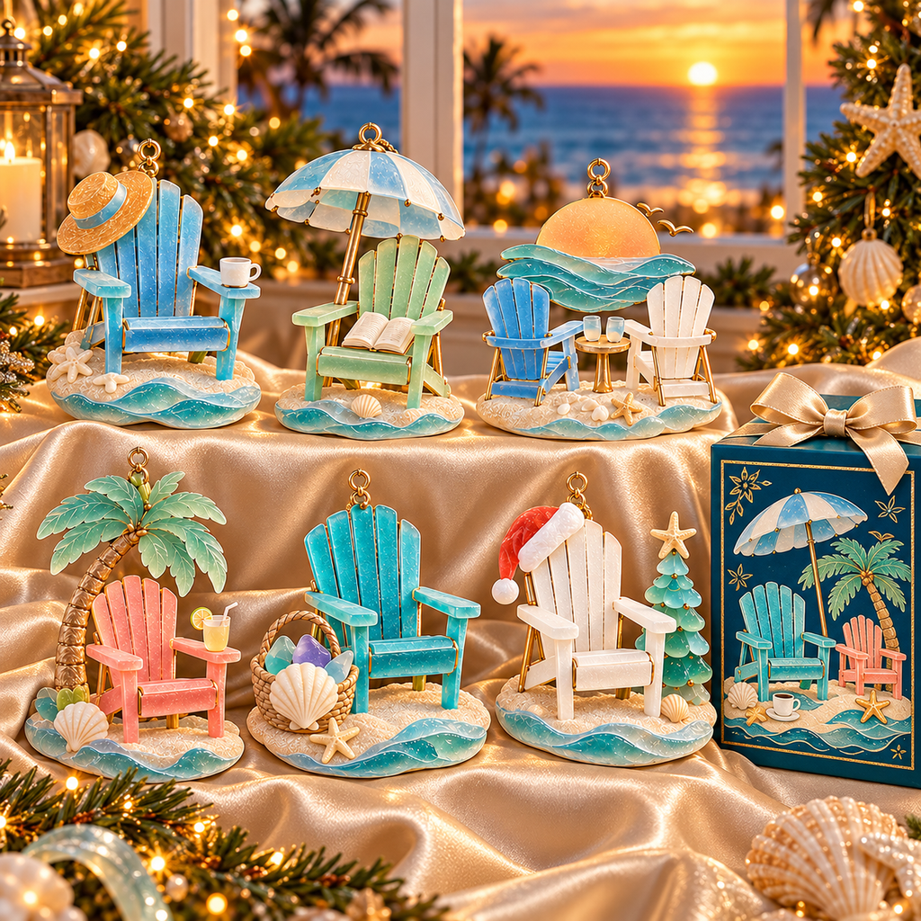🏖️ 2026 Coastal Christmas Beach Chair Ornaments – Set of 6 Seaside Holiday Keepsakes