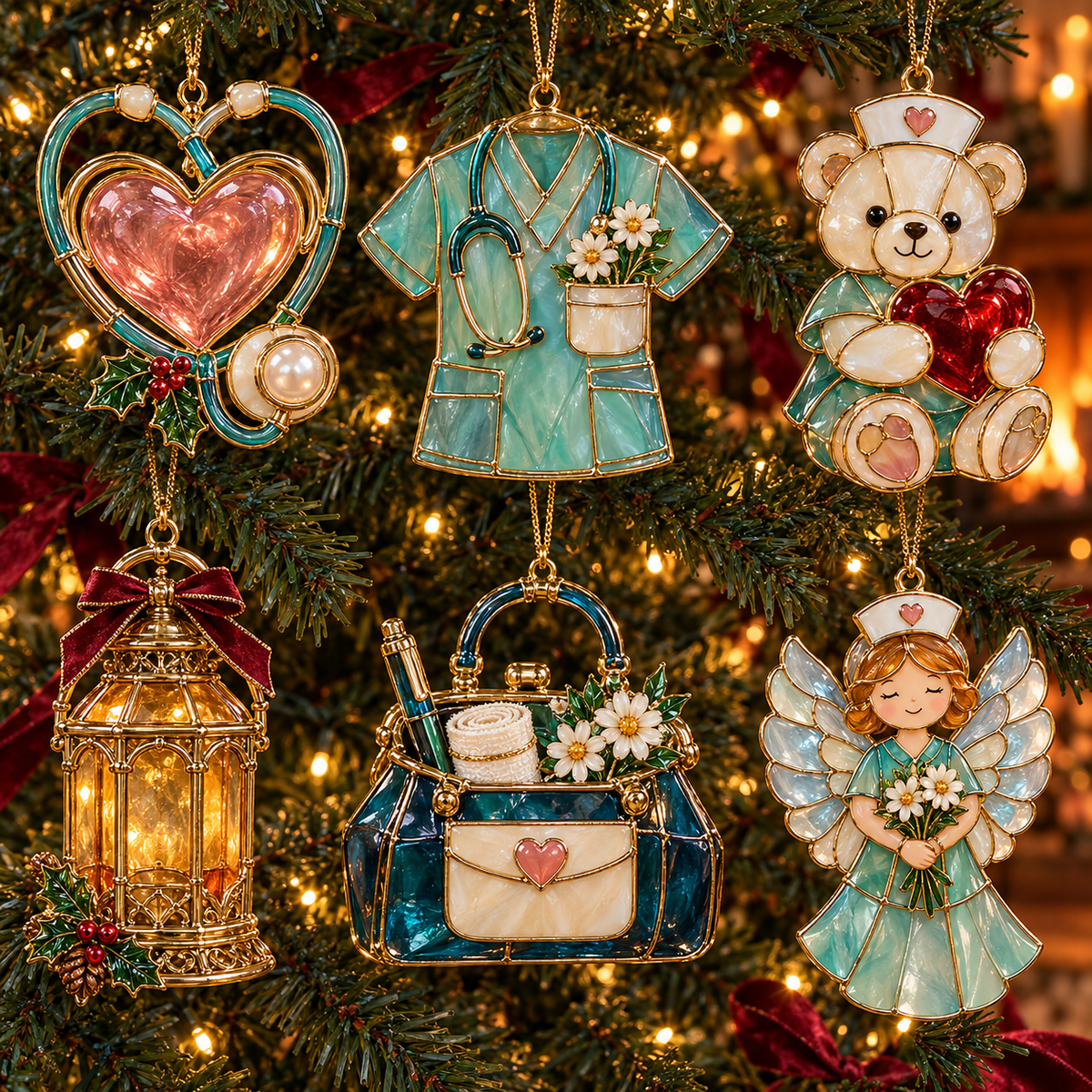 ✨ 2026 Nurse Appreciation Stained Glass Christmas Ornaments – Set of 6