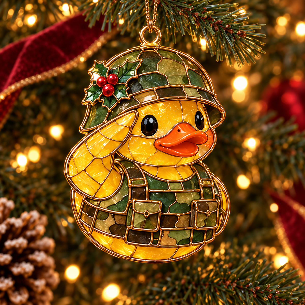 Military Duck Christmas Ornaments – 6-Piece Vintage Stained-Glass Style Gift Set