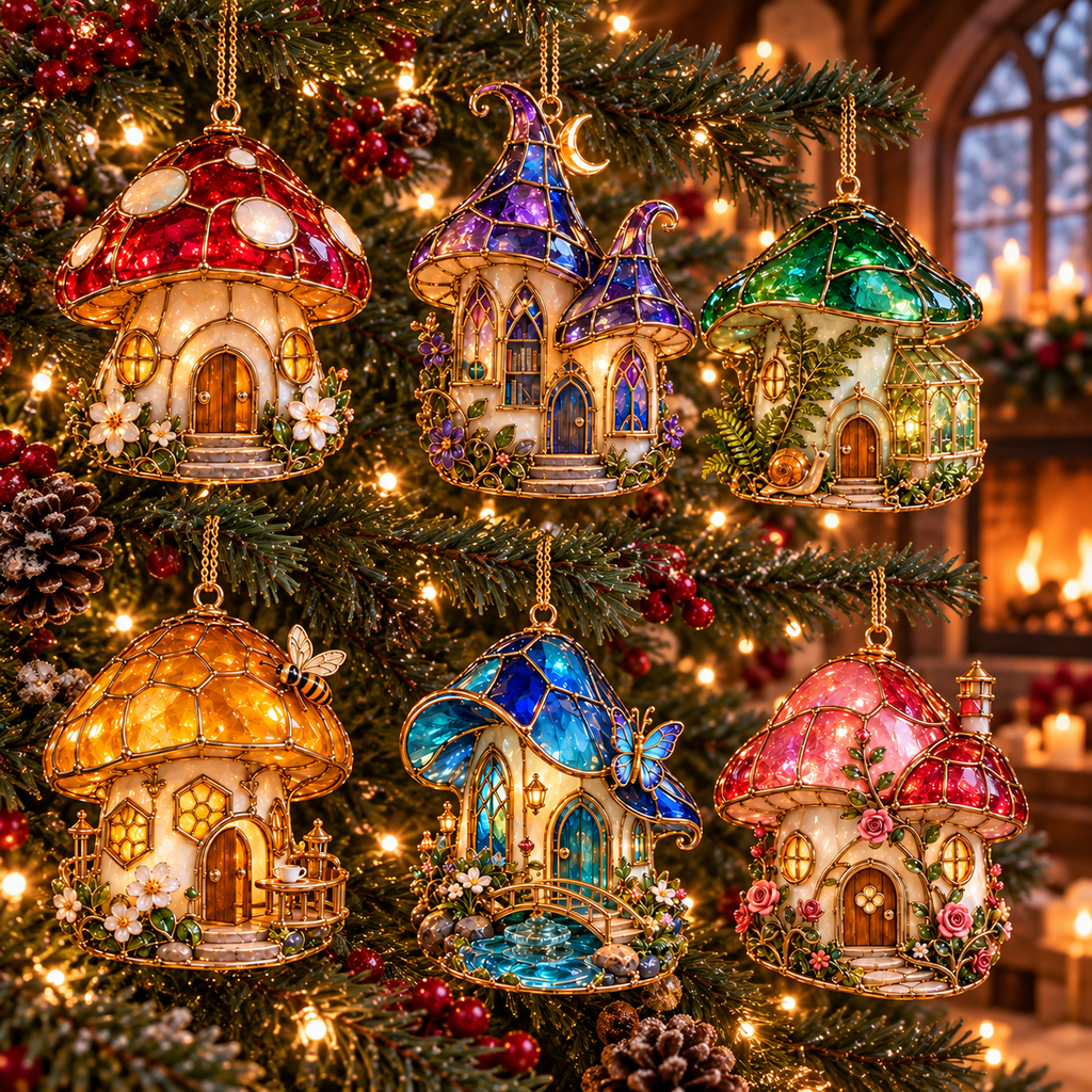 ✨ 2026 Enchanted Stained Glass Mushroom House Christmas Ornaments – Set of 6 | Fairy Cottage, Magical Forest, Moonlight Mushroom & Butterfly House Hanging Decorations | Whimsical Christmas Tree Ornaments & Fairy Garden Gifts
