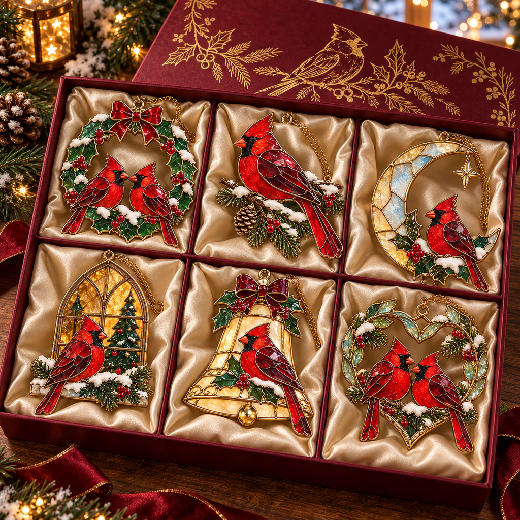 Cardinals of Christmas – Vintage Stained Glass-Style Ornaments, Set of 6